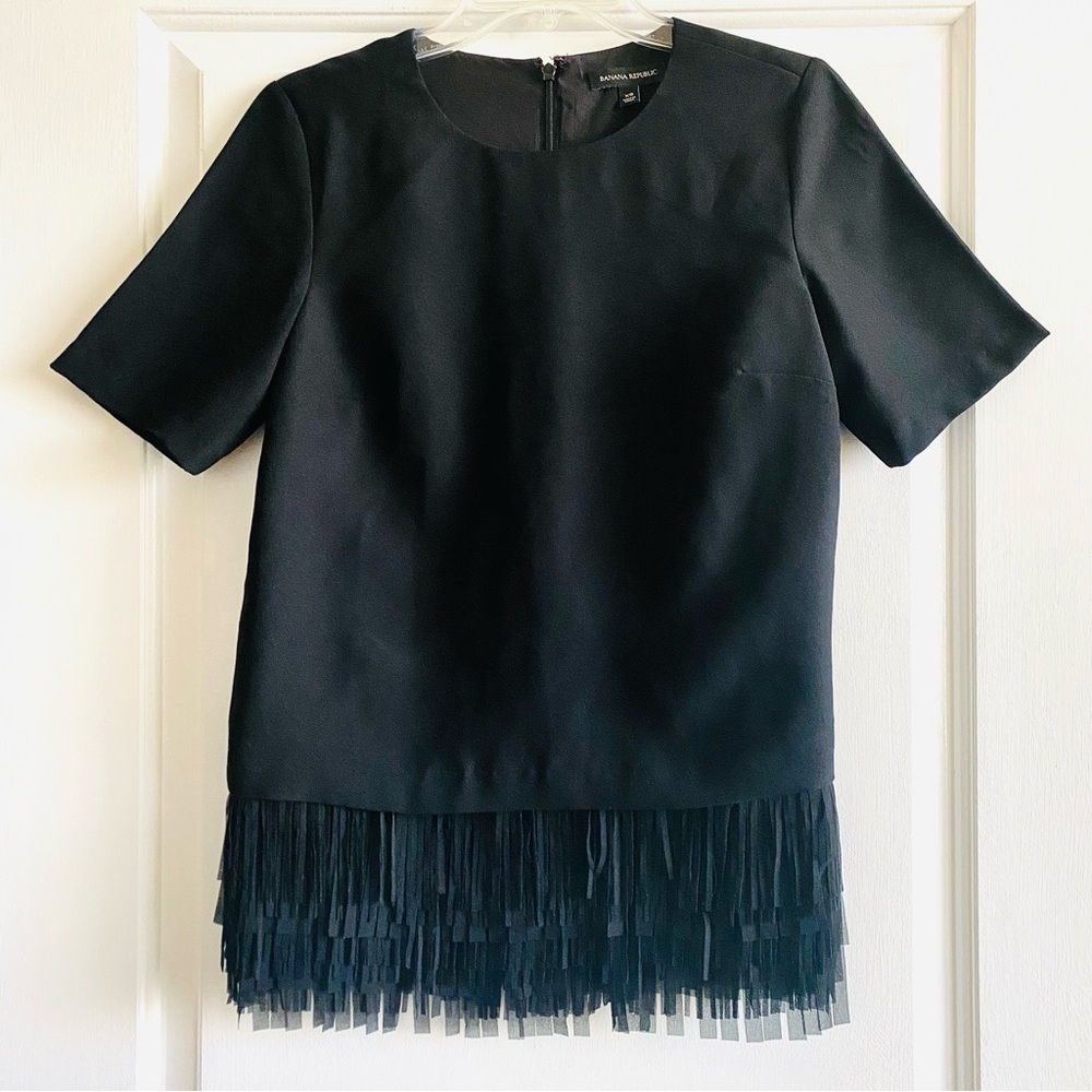 BANANA REPUBLIC | Short Sleeve Fringe Hem Crepe Blouse | Color: Black | …
